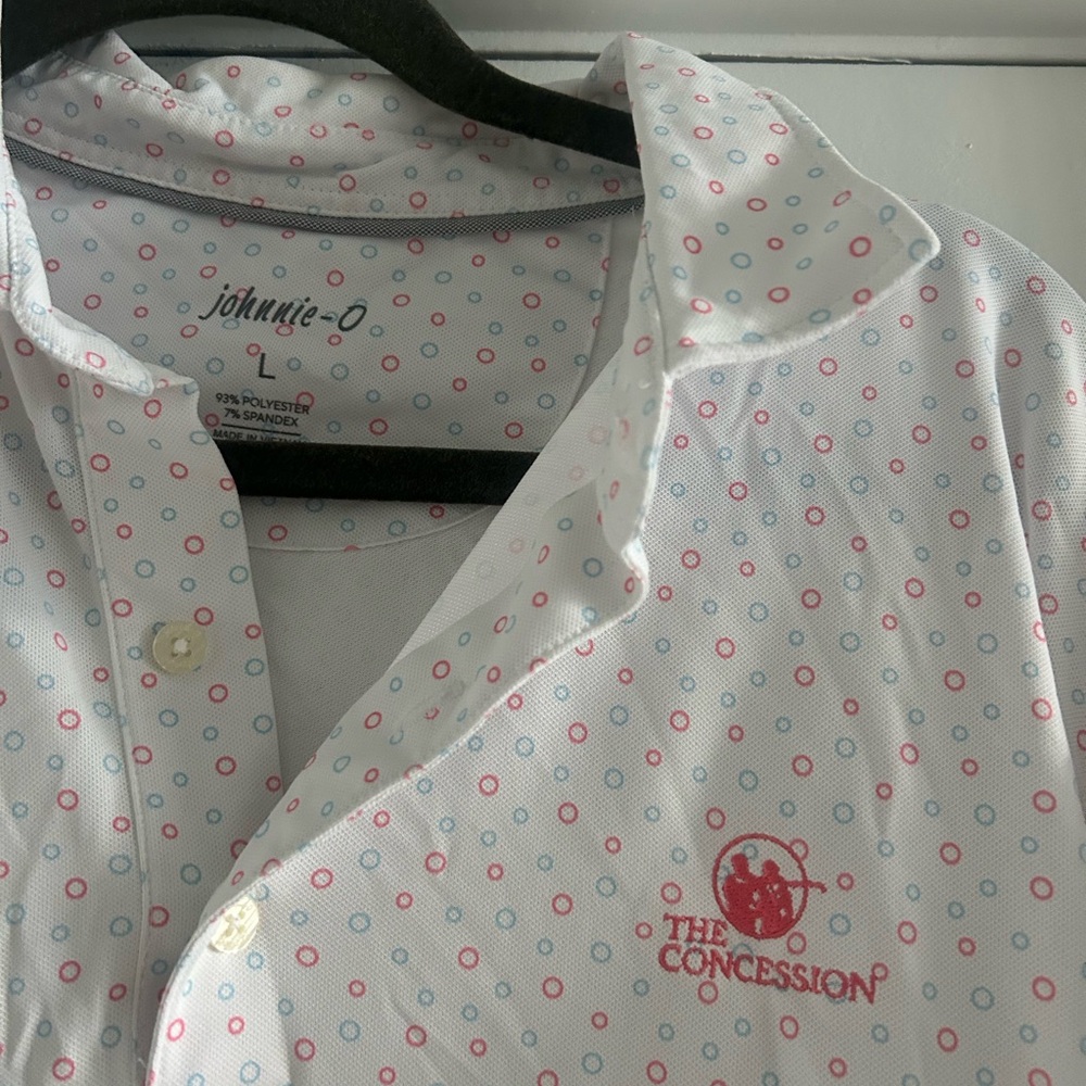 White Patterned Johnnie-O Polo with Pink Logo